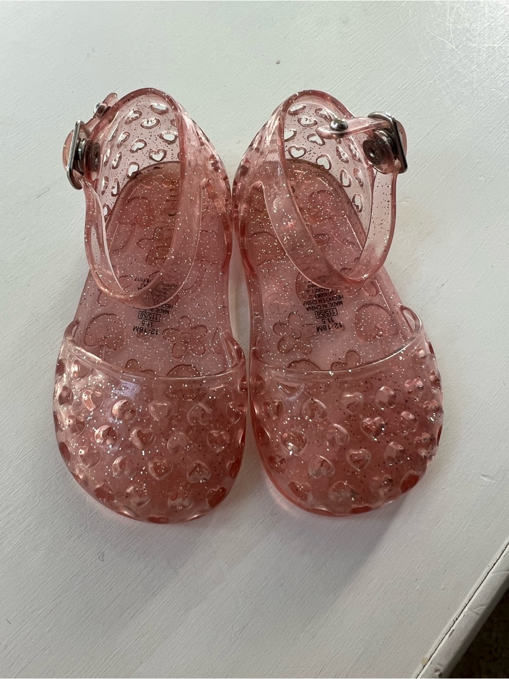 Baby Girls Sparkle Pink Jelly Sandals with Heart Detail Sz 12-18 mos